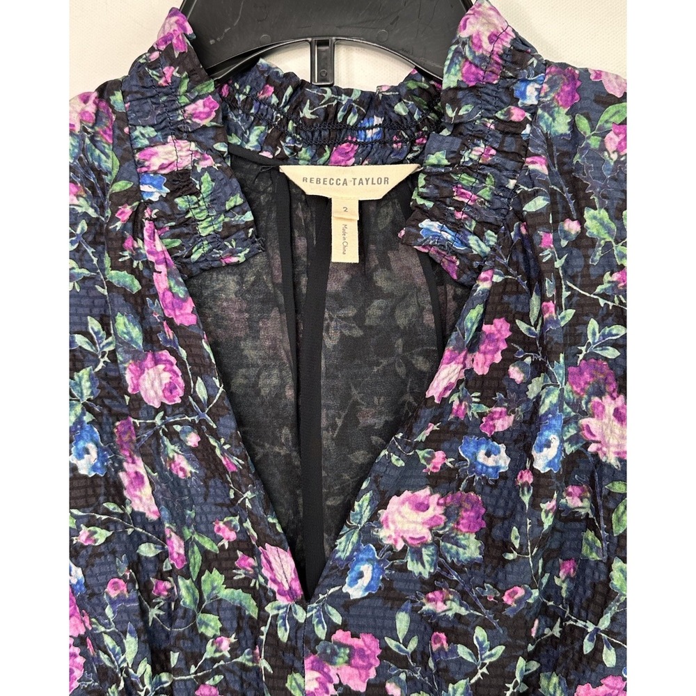 Rebecca Taylor Ruby Navy Floral Hammered Silk Mini Dress Size 2 Cottage Peasant - Picture 5 of 12